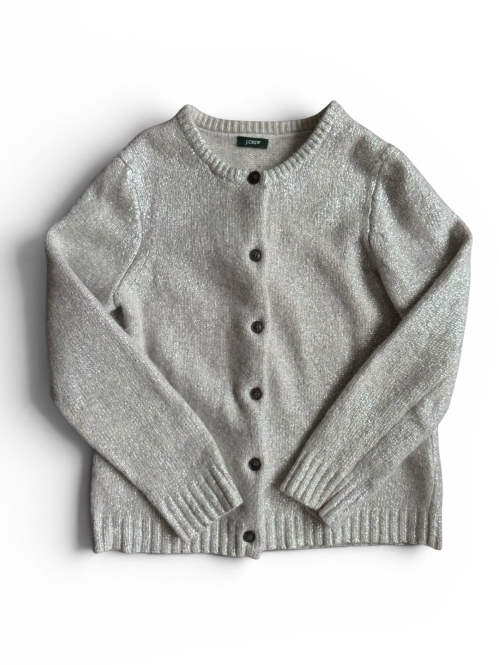 J. Crew Sparkle Metallic Button Cardigan Holiday Sweater Silver Girls M 8–10